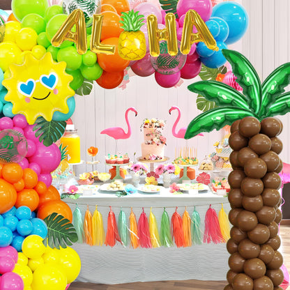 Amandir 160Pcs Hawaiian Tropical Beach Luau Balloon Garland Arch Kit Party Decorations with Aloha Green Palm Tree Pineapple Foil Balloon for Summer Birthday Party Decorations