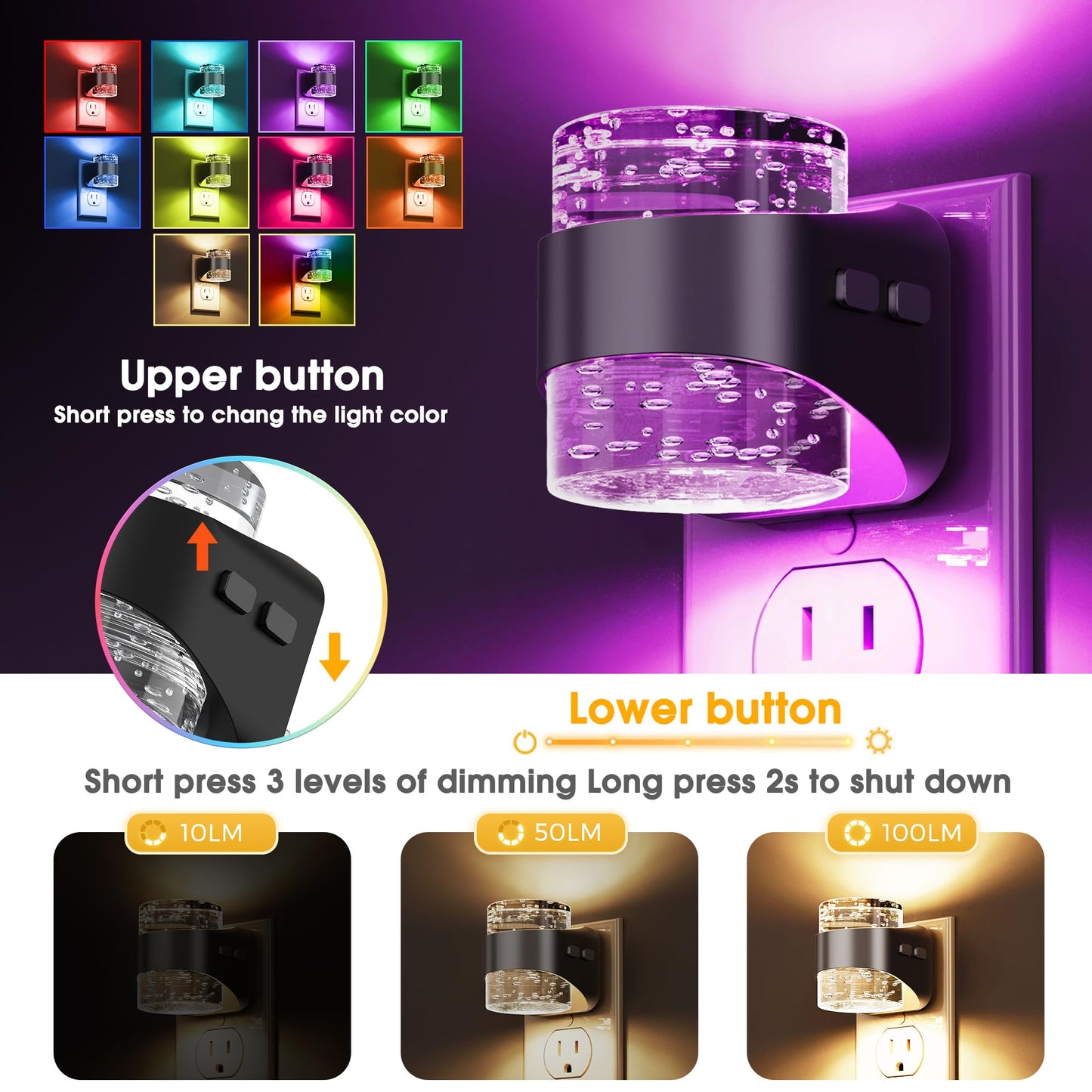 L LOHAS LED Night Light, Bubble Night Lights Plug into Wall,2 Pack 3000K/4000k/5000K Adjustable Color Temperature Night Light,Dimmable Nightlights with Dusk to Dawn Sensor for Rooms Bathroom Hallway