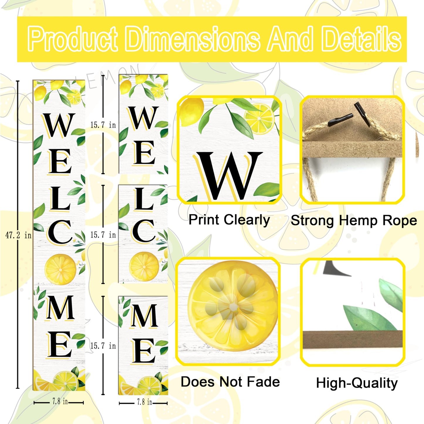 Summer Wooden Porch Sign 47" Large Lemon Welcome Sign Vertical Indoor Outdoor Standing Sign For Garden Home Yard Farmhouse