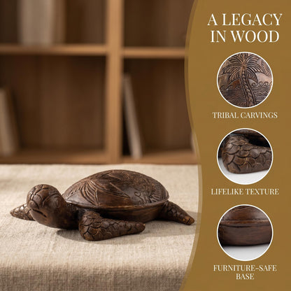 5.9" Hand Carved Wood Sea Turtle Figurine - Small Hawaiian Honu Statue with Traditional Island Motifs - Artisan Tropical Decor for Desk, Shelf, Home & Office - Meaningful Collectible Gift (Hibiscus)