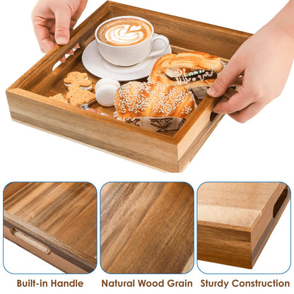 YOUEON Set of 2 Acacia Wood Serving Tray with Handles, 10x10x2 Inch Decorative Serving Trays for Food, Ottoman Tray, Square Coffee Table Trays for Dinner, Coffee, Wine, Appetizer