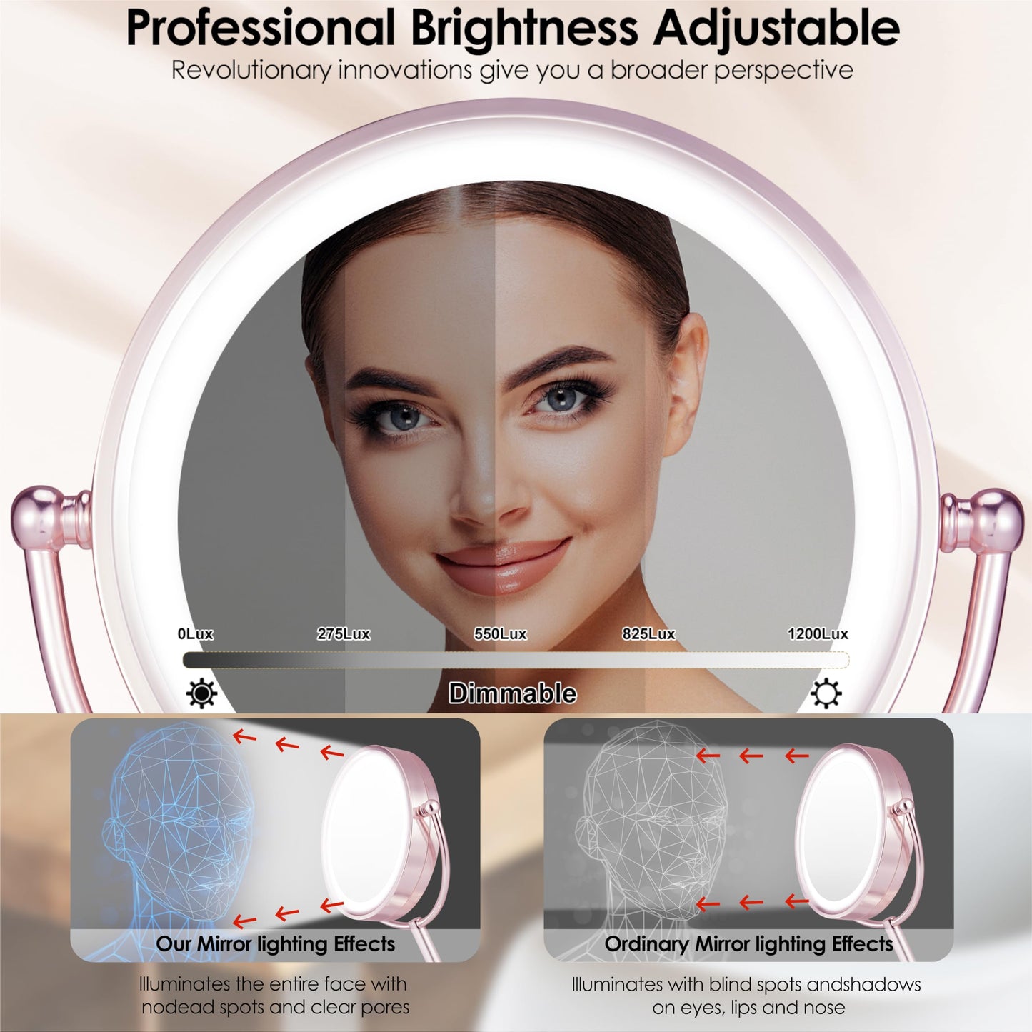 Professional 8.5" Large Lighted Makeup Mirror with Brighter Lights, 1X/10X True HD Magnifying Mirror with 3 Color Dimmable Lights, 90 Shadowless LEDs, 360°Swivel Seamless Vanity Mirror, Pearl Nickel