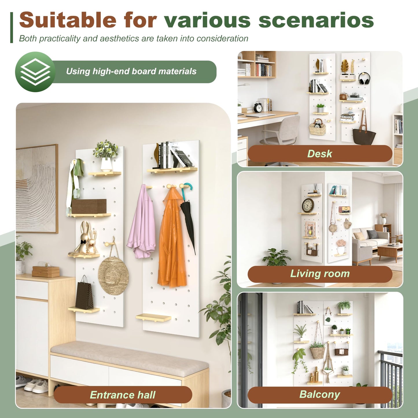 Wood Peg Board Wall Organizer, Thick Wooden Pegboard Kit, Modular Hanging Peg Board Storage System for Home Office Craft Room Gaming Garage Tool Store