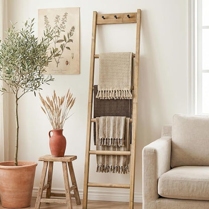 Wooden Blanket Ladder - Natural & Motley Wood - Leaning Wall Decor for Bedroom, Bathroom, Living Room - Rustic Quilt Holder & Towel Rack (Natural Wood Color + Hook, 76in（5-Tier）)