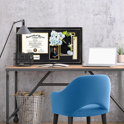 GraduationMall Class of 2026 Graduation Shadow Box Frame for 8.5x11 Diploma, 4x6 Picture with Cap & Tassel Holder, Black Wood Display Case with Black Gold Mat