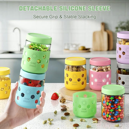 4 Pack Overnight Oats Containers with Lids - Thickened Glass 16 oz Mason Jars with Silicone Sleeves, Wide Mouth Airtight Leak-Proof Chia Seed Pudding Meal Prep Jars for Yogurt Parfait Snacks