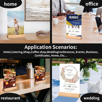Acrylic Sign Holder 4 x 6 - Wedding Table Number Holder with Wood Base, Double Sided Picture Frames, 6Pack Clear Table Menu Display Stand for Centerpiece,Decoration,Party,Restaurants Office Store