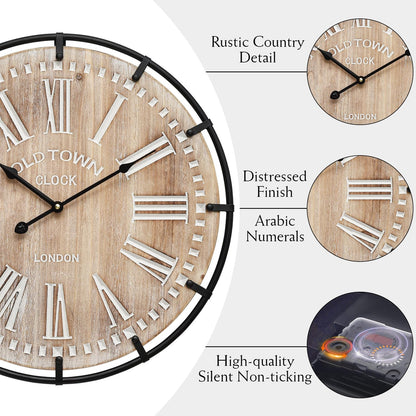 MICWIC 24 Inch Grand Farmhouse Wall Clock, Vintage-Inspired Wood & Metal Design with Large Etched Numbers, Silent Battery-Powered Timepiece for Offices, Kitchens, Bedrooms, and Living Rooms