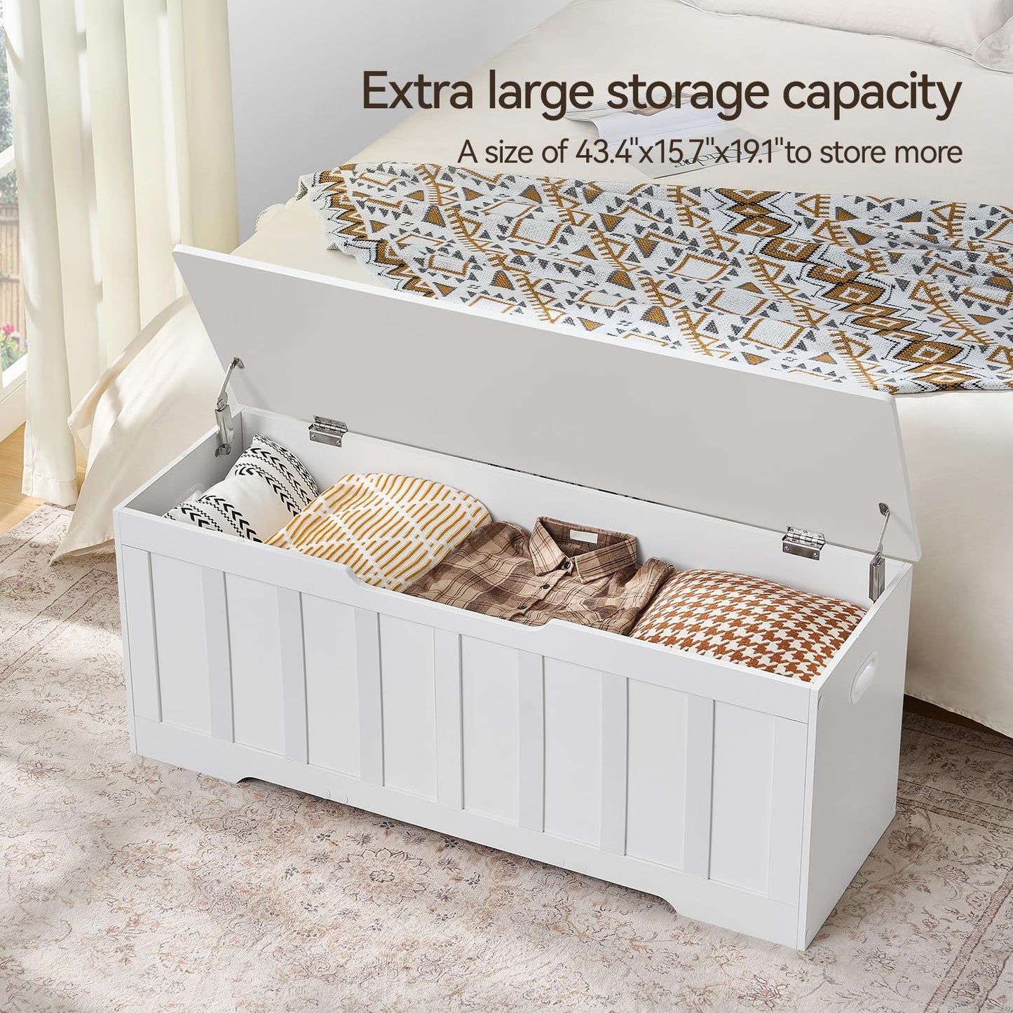 VANKILEY 47.2" Storage Chest Extra Large,Storage Trunk with 2 Safety Hinges,Wooden Storage Bench,Shoe Bench,47.2x15.7x19.1 Inch,Easy Assembly,Storage Bench for Bedroom,Living Room,entryway(White).