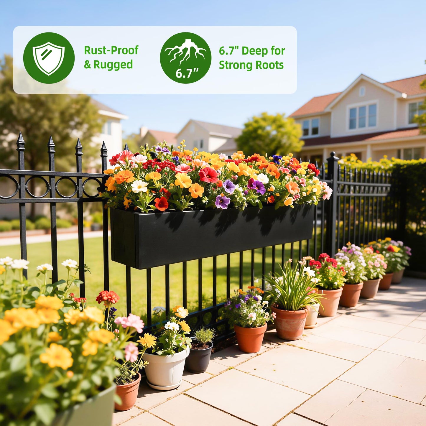 TISUWING 2 Pack Metal Railing Planter Box, 30 Inch Balcony Planters with Adjustable Brackets, Large Hanging Planters for Outdoor Fence Deck