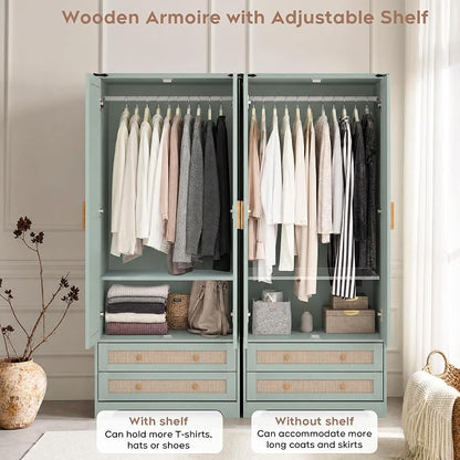 Brafab Armoire Wardrobe Closet with 2 Rattan Doors Set of 2, 71" Vintage Tall Freestanding Coat Closets with Drawers and Hanging Rail, Wooden Armoires Storage Cabinet with Shelf for Bedroom