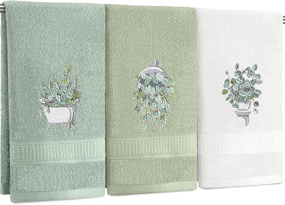 3 Pcs Eucalyptus Hand Towels Farmhouse Embroidered Botanical Bathroom Decor