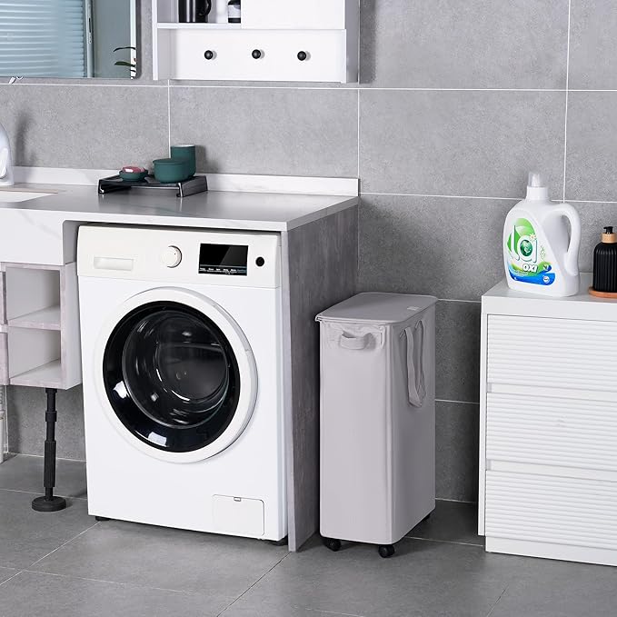 Slim Laundry Hamper with Lid and Wheels, Small Rolling Laundry Basket with