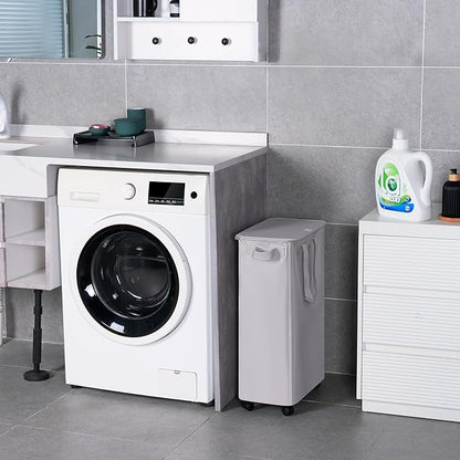 Slim Laundry Hamper with Lid and Wheels, Small Rolling Laundry Basket with