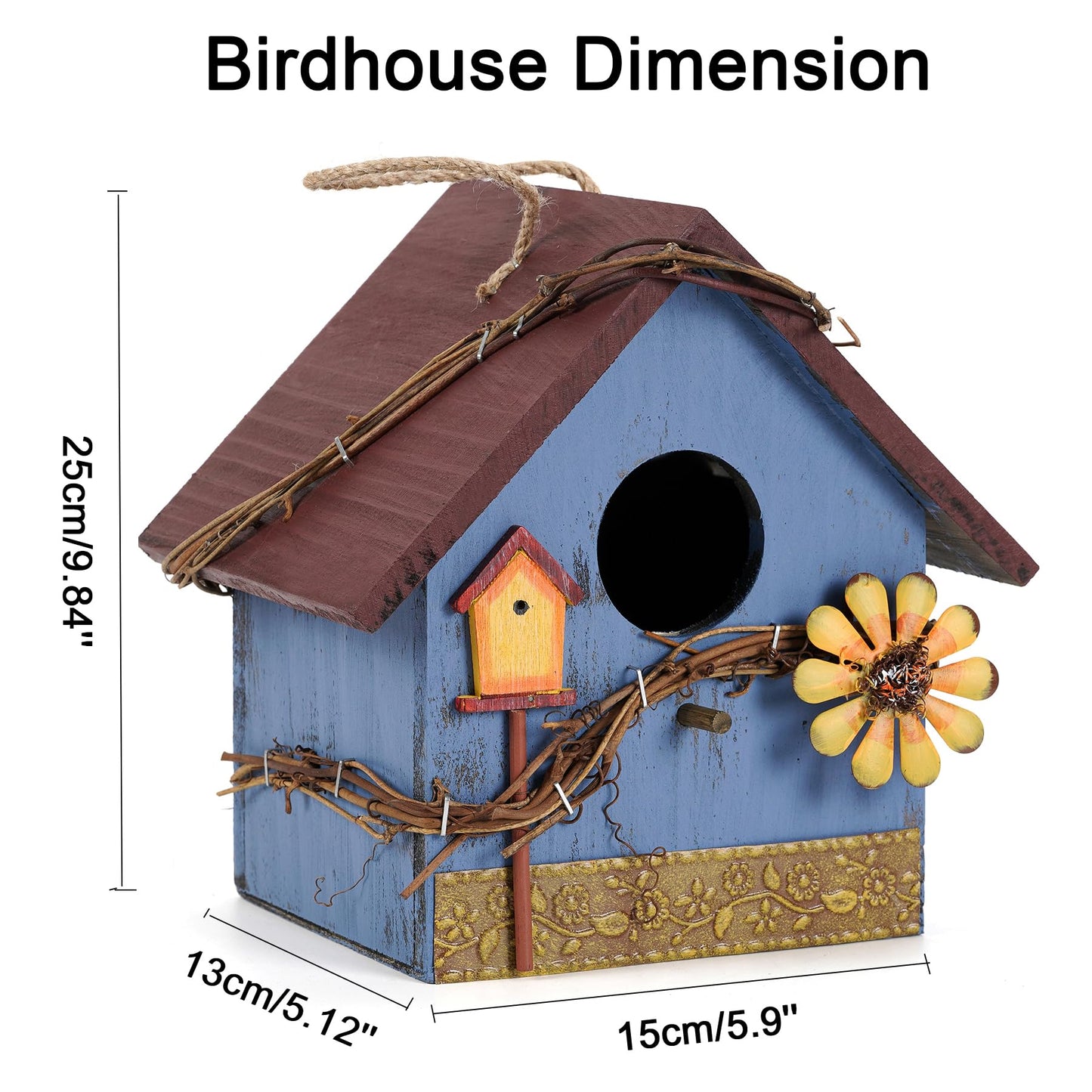 AHUONEL Hanging Bird Houses for Outside Decorative Birdhouse, Garden Bird Feeders for Outdoors, Blue Wooden Bird Nest Box for Wren Finchs Hummingbird Cardinal Bluebird Wild Birds, Gift for Bird Lovers