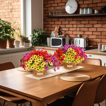 Geegoods Artificial Flower Arrangements for Tables, Fake Potted Mums Silk Flowers with 2 Rattan Baskets for Home Dining Bedroom Office Farmhouse Decor