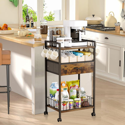Dsmadn Small Coffee Bar Cart with Drawer Srorage, Office Coffee Bar Station Organizer Mug Cup Holder Stand, K Cup Holder Rack for Home Buffets & Sideboards for Kichen, Entryway, Living Room (Black)
