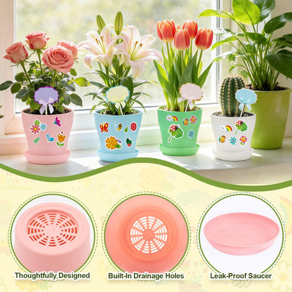 Adboros Garden Paper Pot Craft Kit, 36 Durable Resin Garden Pot with Tray Drainage Holes Adhesive Stickers and 40 Colorful Writable Cards, Flower Plant Spring Craft for Classroom DIY Flower Planting