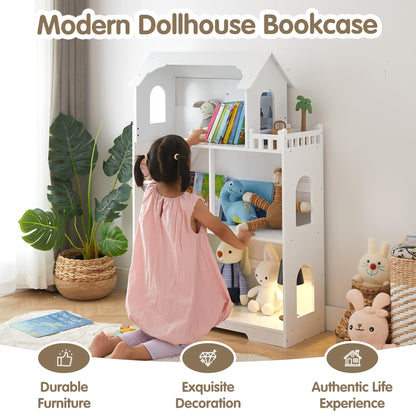 Ocinone Wooden Dollhouse Bookshelf - Toddler Doll House Bookcase, Extra Space Kids Toy Storage Book Shelf, 3-Tier Children Dollhouse, Pretend Play Toy House (Modern Flat Roof)