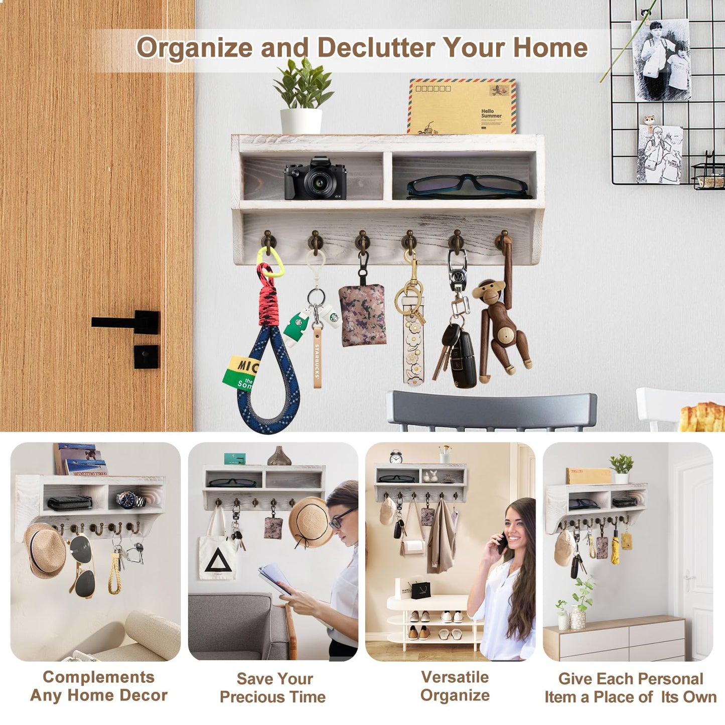Key Holder Wall Mount - Mail Organizer Wall Mount with 6 Key Hooks and Storage Box for Sunglasses Storage and Dog Leash Holder Home Decor Rack Apartment Farmhouse Shelf Entryway Organizer (White)