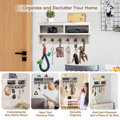 Key Holder Wall Mount - Mail Organizer Wall Mount with 6 Key Hooks and Storage Box for Sunglasses Storage and Dog Leash Holder Home Decor Rack Apartment Farmhouse Shelf Entryway Organizer (White)
