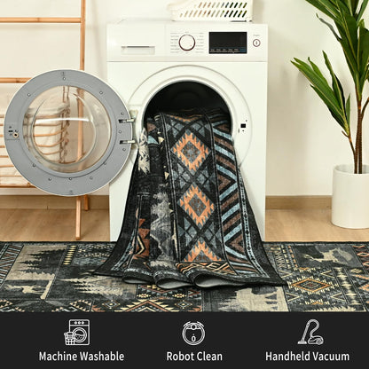 HOMORE Rustic Cabin Living Room Rug 5x7, Washable Southwestern Area Rug Geometric Carpet with Bear Print, Western Rugs for Bedroom Dining Room,Black