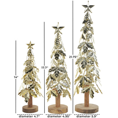 Deco 79 Metal Tree Decorative Sculpture Holiday Layered Holly Leaf Christmas Home Decor Statues with Wooden Base and Star Topper, Set of 3 Accent Figurines 22", 18", 14"H, Gold