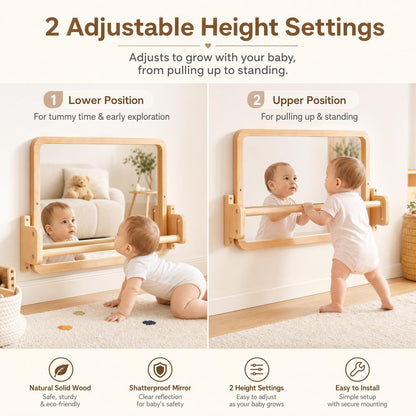 Woodtoe Montessori Mirror with Bar, Adjustable Baby Pull to Stand Toys, Natural Unpainted Solid Wood Frame & Baby Pull Up Bar, Infant Coordination Toddler Mirror, Developmental Toys for 6-18 Months