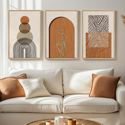Framed Boho Sage Green Wall Art for Living Room, Large Mid Century Modern Tropical Leaf Canvas Artwork for Walls, 3 Piece Beige Orange Bohemian Wall Art Prints for Bedroom Kitchen Hallway, 16x24 Inch