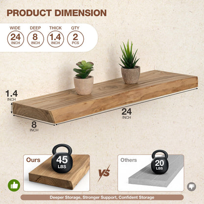 Axeman 24 inch Live Edge Floating Shelves for Wall, 8 Inch Deep Solid Locust Wood Wall Shelves - Rustic Wooden Shelves with Invisible Brackets for Living Room Bedroom Kitchen, Set of 2