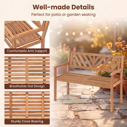 Giantex 2-Person Outdoor Bench, 47" Patio Acacia Wood Loveseat with Slatted Seat, Armrests & V-Shaped Backrest, Wooden Garden Seating for Backyard, Porch, Deck, Poolside