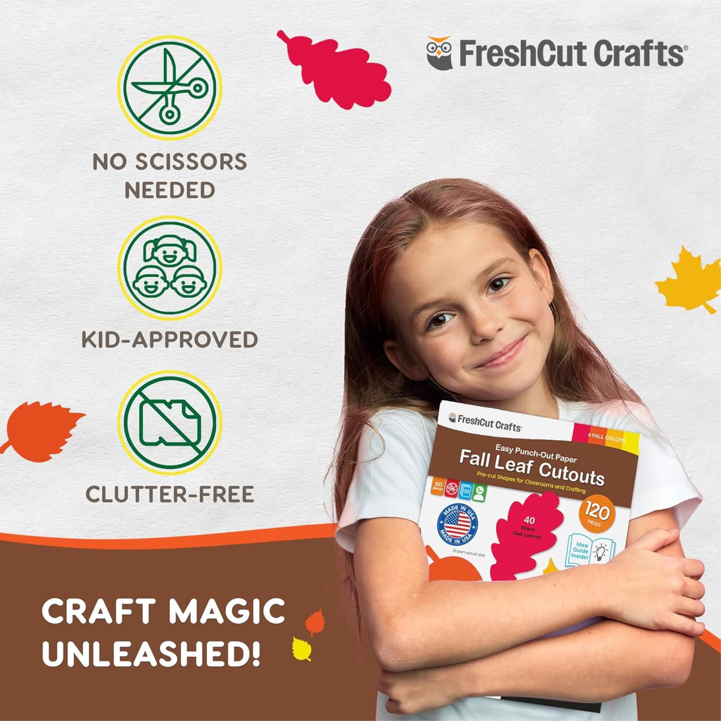 120 Pieces Fall Leaf Paper Cutouts with IDEA Guide, 2-Sided US Made Card Stock Punch Out Maple, Oak, and Birch Leaves for Bulletin Boards, Classroom Decor, Autumn Crafts, DIY Scrapbook, and Posters