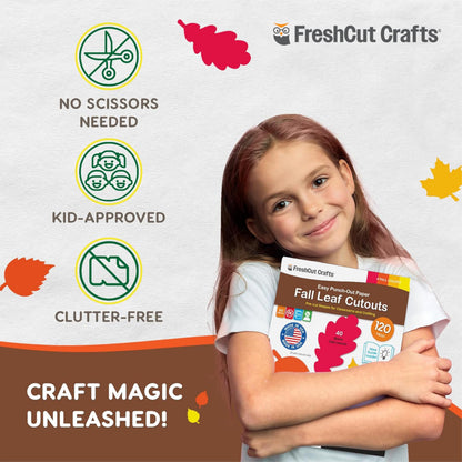 120 Pieces Fall Leaf Paper Cutouts with IDEA Guide, 2-Sided US Made Card Stock Punch Out Maple, Oak, and Birch Leaves for Bulletin Boards, Classroom Decor, Autumn Crafts, DIY Scrapbook, and Posters