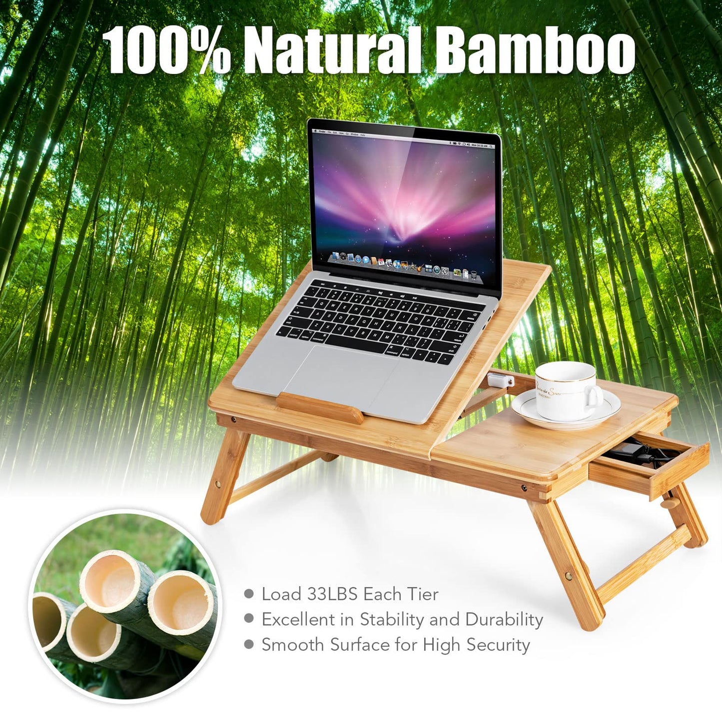 ReunionG Bamboo Laptop Desk with Drawer, Height Adjustable and 4-Level Tilting Desktop, Foldable and Portable Lap Tray with Heat-Dissipation Holes, Tray Table Stand for Surfing Reading Writing Eating