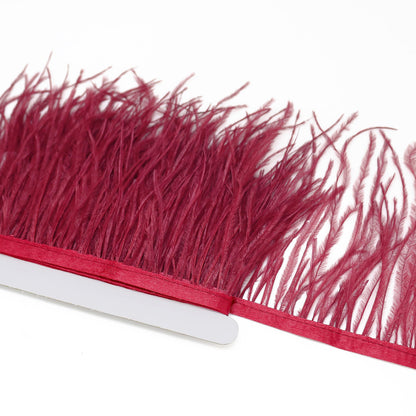FQTANJU 2 Yards Ostrich Feather Trim Fringe, 4-6inch Width Feather Trimming Fringe Satin Ribbon for Dress Millinery Sewing Crafts Costumes Decoration (Wine Red)