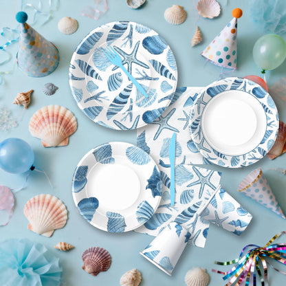 FVABO Ocean Seashell Birthday Decorations, Blue Sea Shell Party Supplies for Beach Summer Pretty Birthday Baby Shower, Plate, Cup, Napkin, Tablecloth, Banner, Balloon, Swirl, Topper, Cutlery, Serve 24