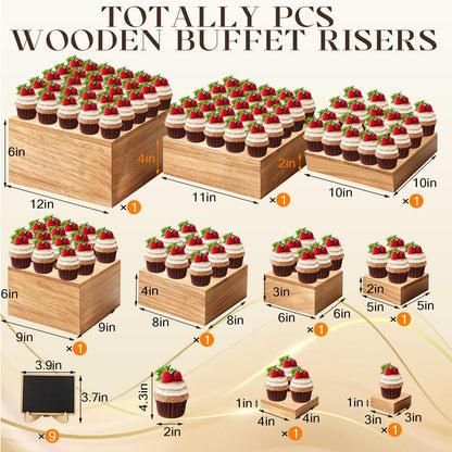 Gleom 9 Pcs Extra Large 12" Wooden Buffet Risers Set with Mini Sign Food Risers for Buffet Table Multi Size Cake Display Stands for Party Wedding Dessert Jewelry Home Decor