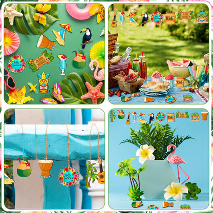 Geelin 36 Pcs Summer Wood Hanging Ornaments for Tree Christmas in July Mini Tree Decorations Hawaiian Beach Wooden Pendant Decorations with String for Luau Party Supplies(Aloha)