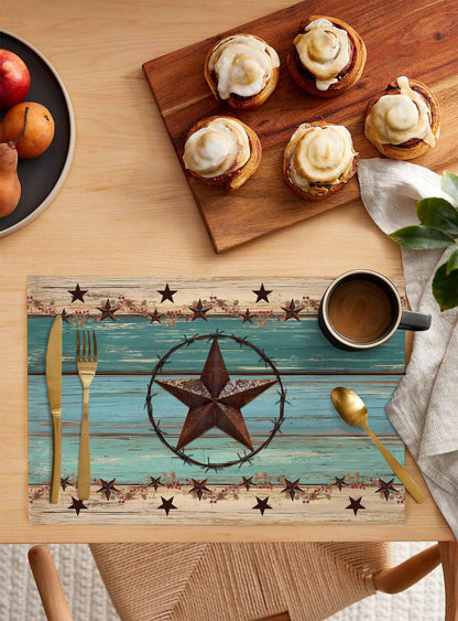 Western Texas Star Placemats Set of 6 Retro Turquoise Wooden Rustic Farmhouse 13x19 Inch Washable Non Slip Linen Table Mats, Rustic Summer Placemats for Dining Table Party Kitchen Decor