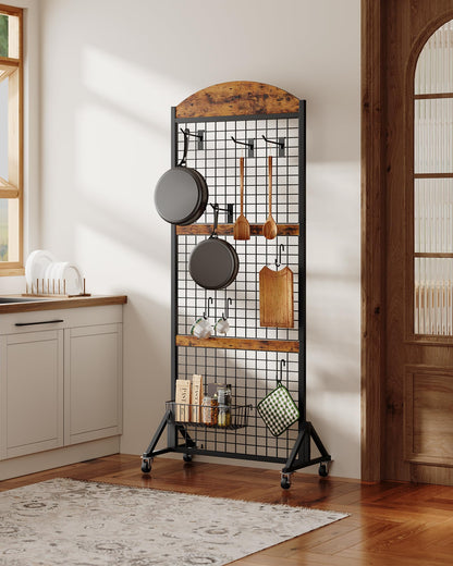 CHOEZON Grid Wall Panel 5.7’ x 2’ FT Grid Display Rack, Movable Gridwall Display Stand with Wheels,Floorstanding Wire Grid Rack with 4 S-Shaped Hooks and 4 Garment Hooks Rustic Brown and Black TCJ17BF