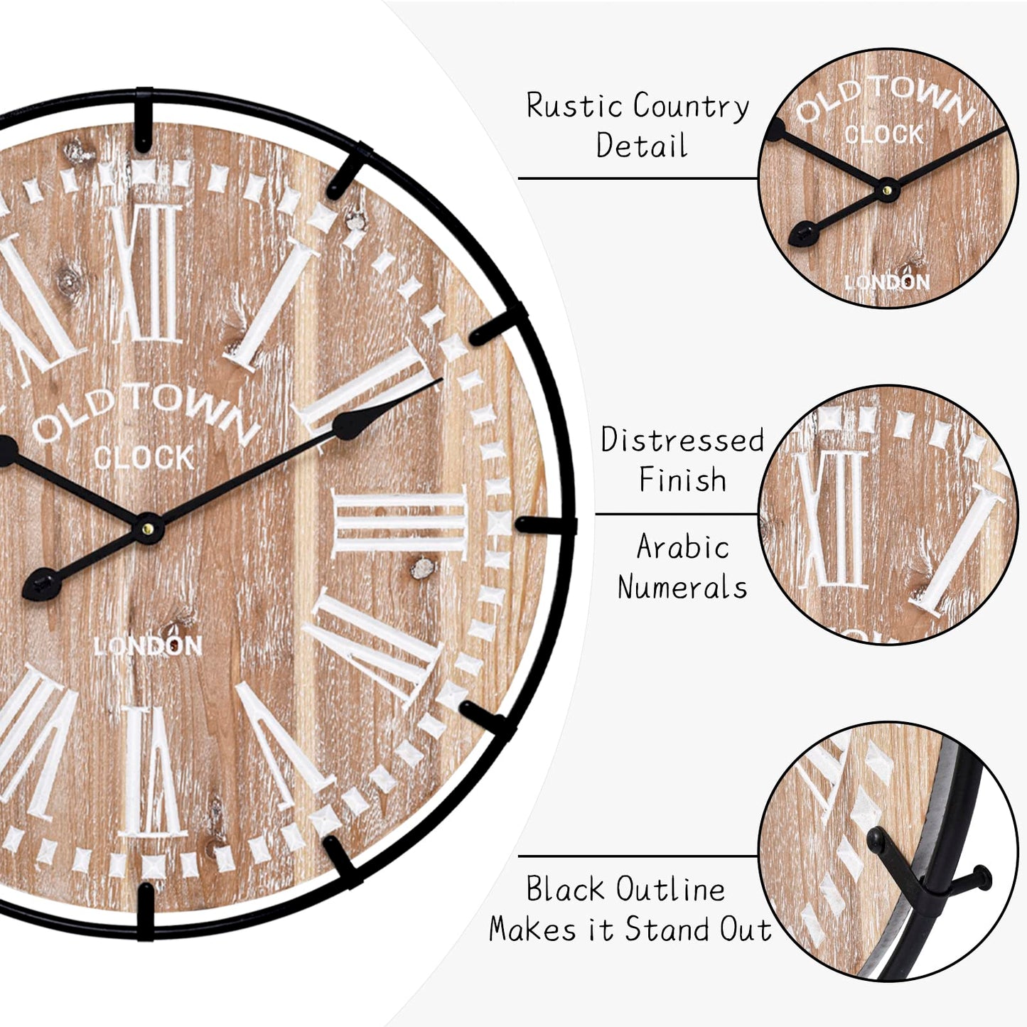 MODE HOME 24 Inch Large Farmhouse Wall Clock,Rustic Wooden Wall Clock Decorative with Metal Circle and Engraved Numerals, Silent Battery Operated for Kitchen Bedroom Living Room Fireplace Mantel