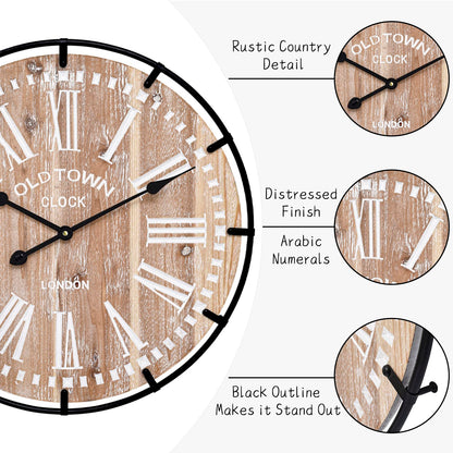 MODE HOME 24 Inch Large Farmhouse Wall Clock,Rustic Wooden Wall Clock Decorative with Metal Circle and Engraved Numerals, Silent Battery Operated for Kitchen Bedroom Living Room Fireplace Mantel