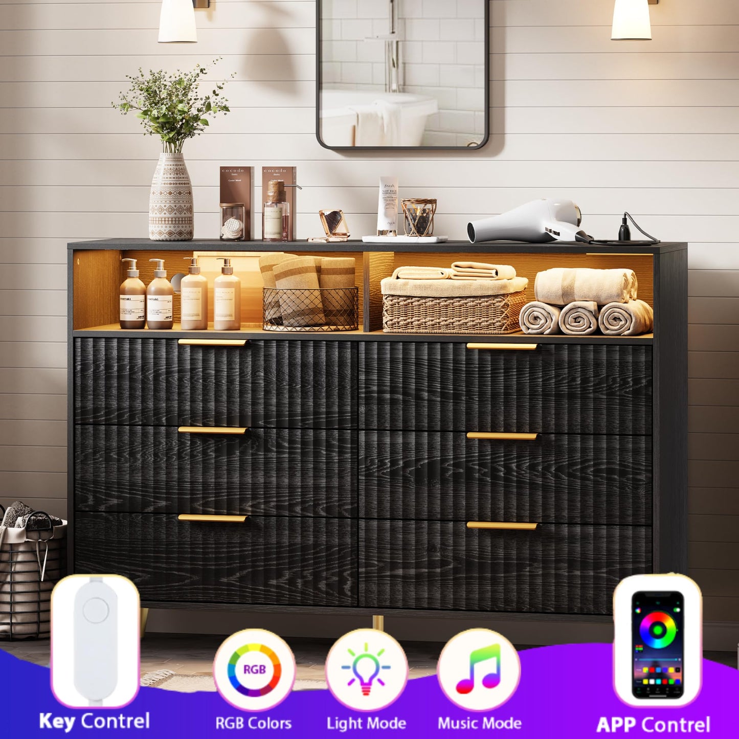 IDEALHOUSE 6 Drawer Fluted Dresser for Bedroom, 47.2" Wide Modern Chest of Drawers with Metal Handles, Wooden TV Stand, Storage Organizer for Closet, Living Room, Hallway, Black