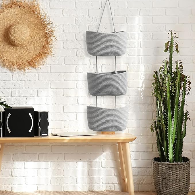 TeoKJ Over the Door Organizer, 3-Tier Woven Cotton Hanging Kitchen Baskets