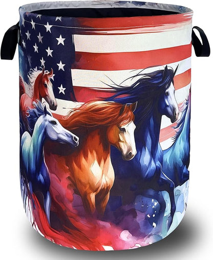 American Flag Horse Laundry Basket Patriotic Foldable Funny Laundry Hamper