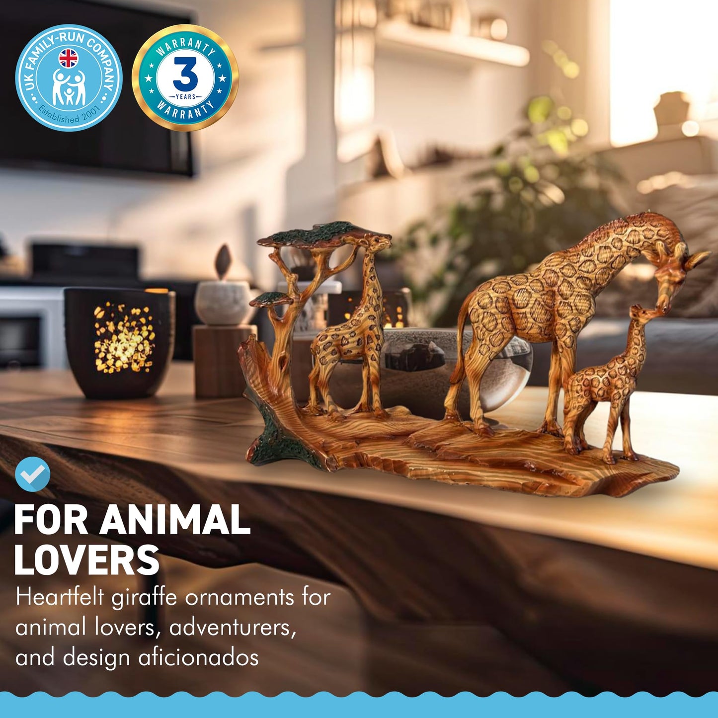 Thorness GIRAFFE FAMILY ORNAMENT | Wooden giraffe ornament for the home | African animal gift | Wildlife gifts | Home decor | 30cm (L) x 17cm (H) x 6cm (D)