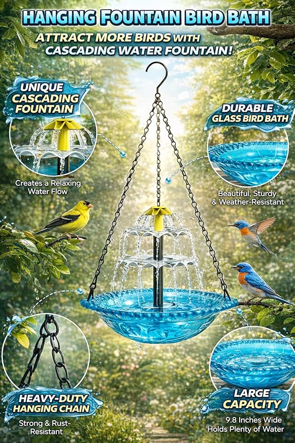 Solar Cascade Hanging Bird Bath Fountain, 2026 New Outdoor Hanging Bird Bath with Solar Fountain, Large Humming Birds Baths Fountains, with Solars Pump & Glass Bowl, for Outdoor, Gardens (#9)