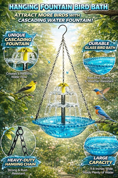 Solar Cascade Hanging Bird Bath Fountain, 2026 New Outdoor Hanging Bird Bath with Solar Fountain, Large Humming Birds Baths Fountains, with Solars Pump & Glass Bowl, for Outdoor, Gardens (#5)