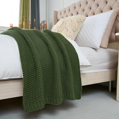 Longhui bedding Chunky Cable Knit Throw Blanket Lightweight Olive Green 100% Organic Cotton Blanket for Sofa Couch Bed Baby Nursery, Rustic Shabby Chic Modern Farmhouse, 60” x 80” Give Laundering Bag
