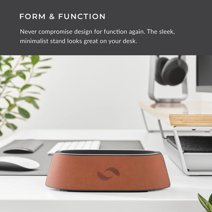 HumanCentric Vertical Laptop Stand in Vegan Cognac Leather, Upright Adjustable Holder and Dock, Laptop Vertical Stand Fits MacBook Pro and Other Laptops .5" to 1.5", Clamshell Compatible